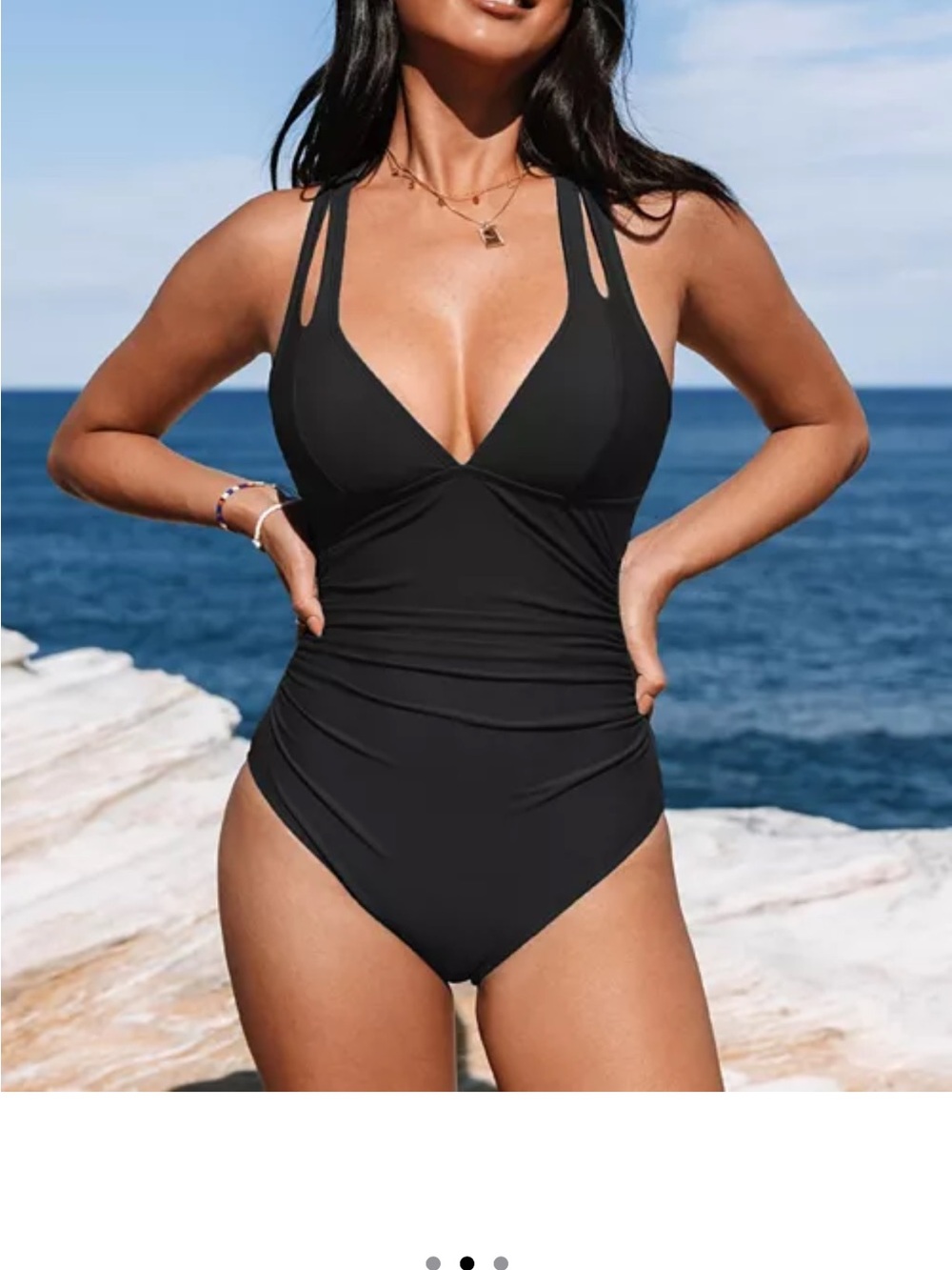 NWT Cupshe Black V-Neck One-Piece Swimsuit with Double Straps